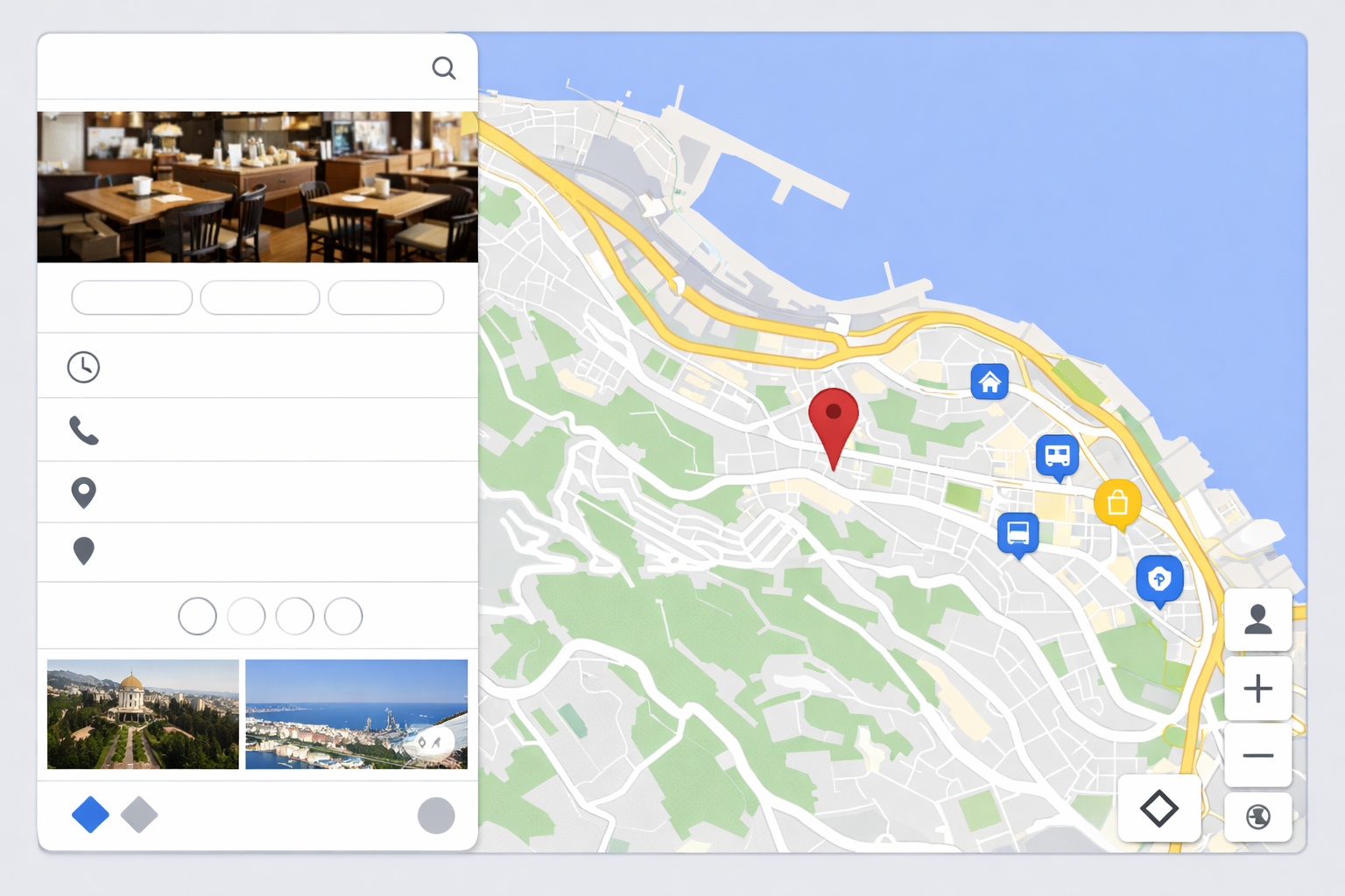 Google Maps interface in Haifa with trilingual business profile setup.