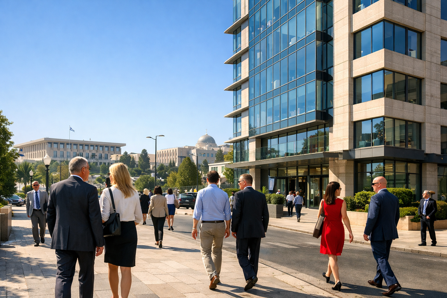 Office building near Jerusalem government district, with people walking nearby.