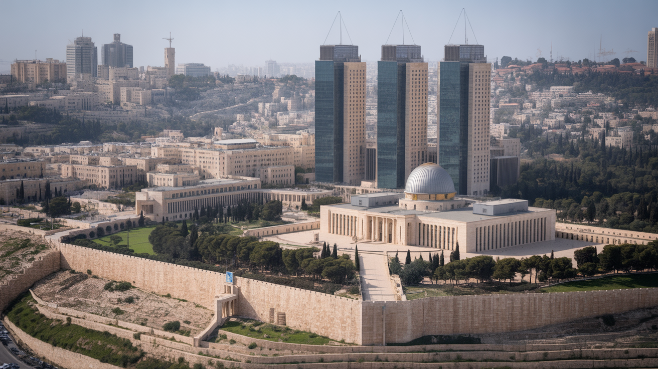Jerusalem government buildings with security measures, neutral tones.