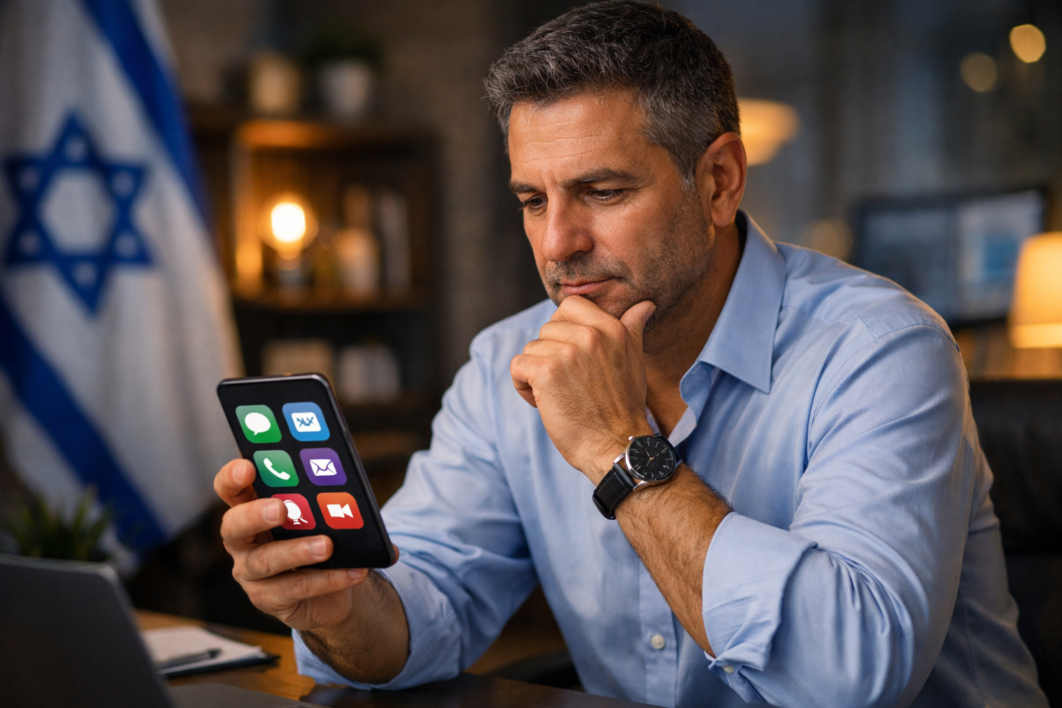 Business owner considering engagement strategies on a smartphone.