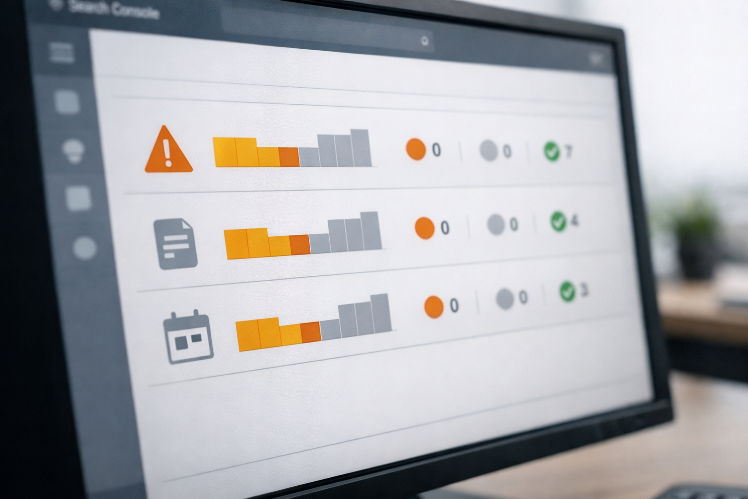 Google Search Console showing schema markup warnings and statuses.