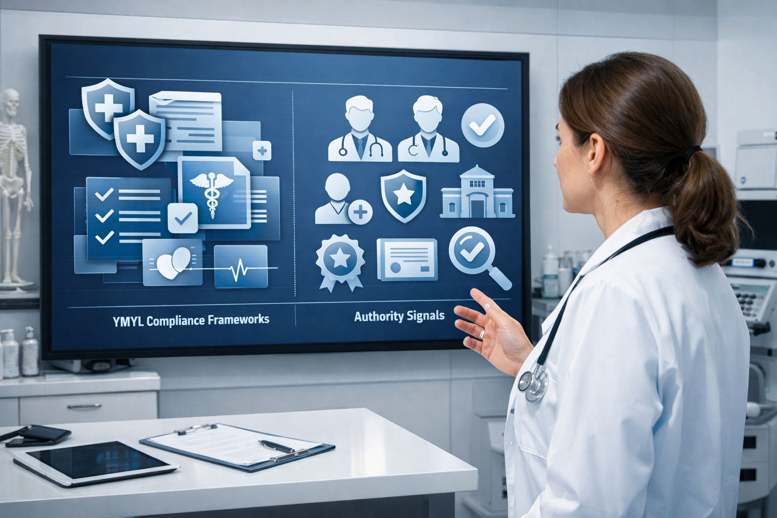 Healthcare office with screen showing compliance and authority data.