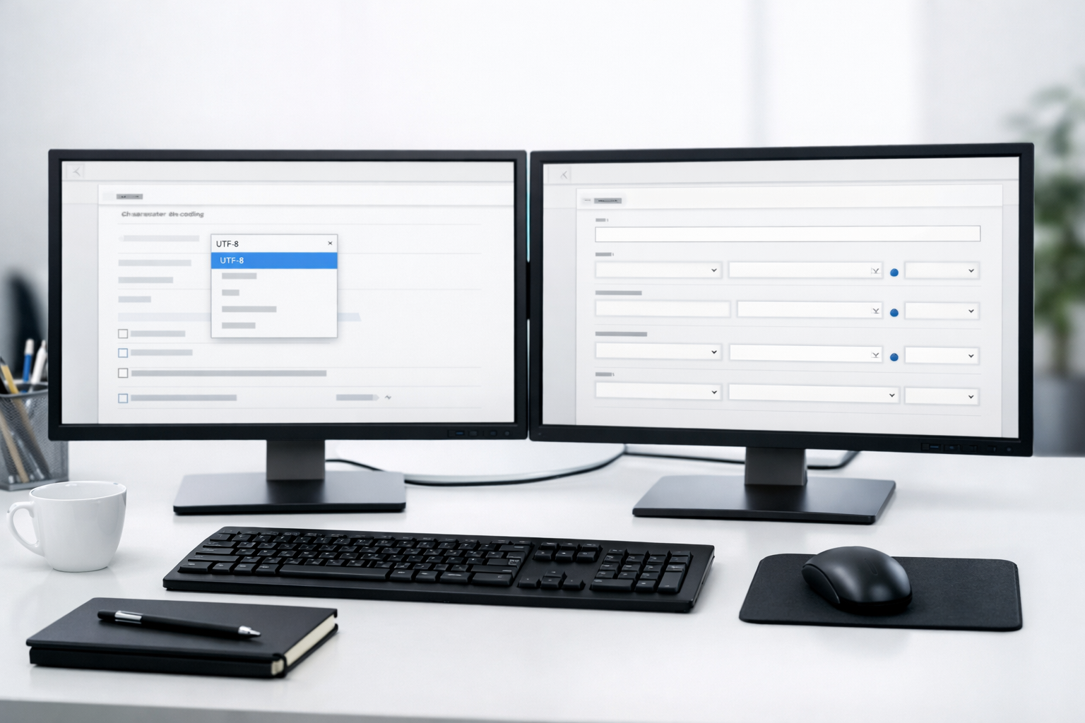 Dual-screen setup with Hebrew and English website display