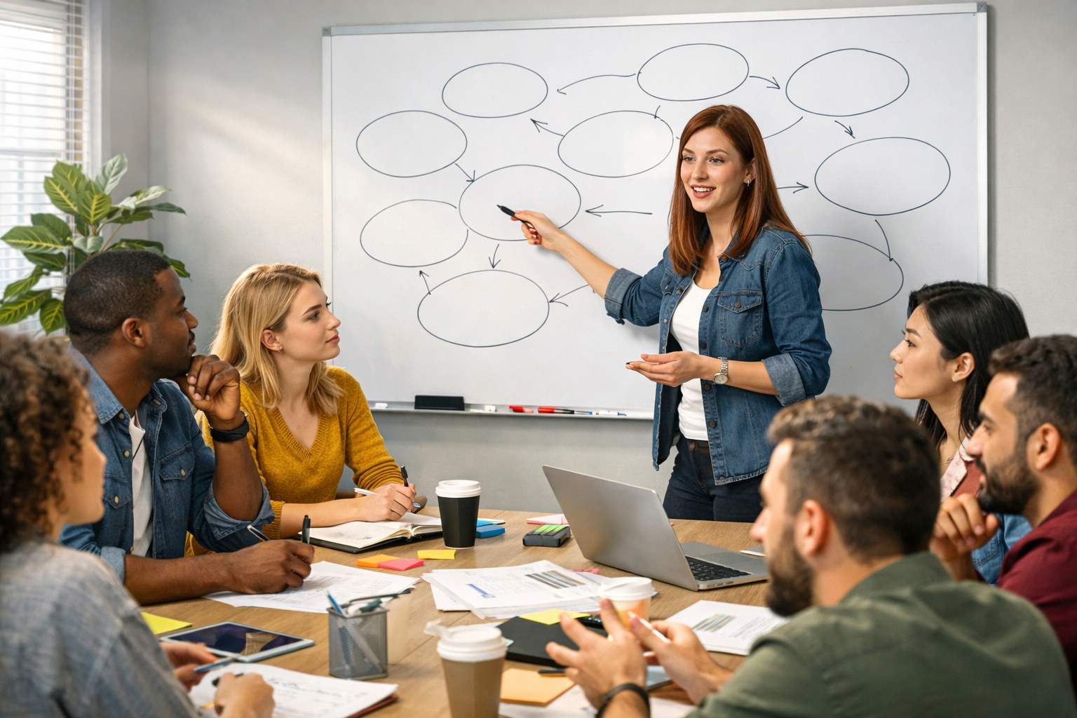 Team discussing Hebrew keywords with notes on a whiteboard.