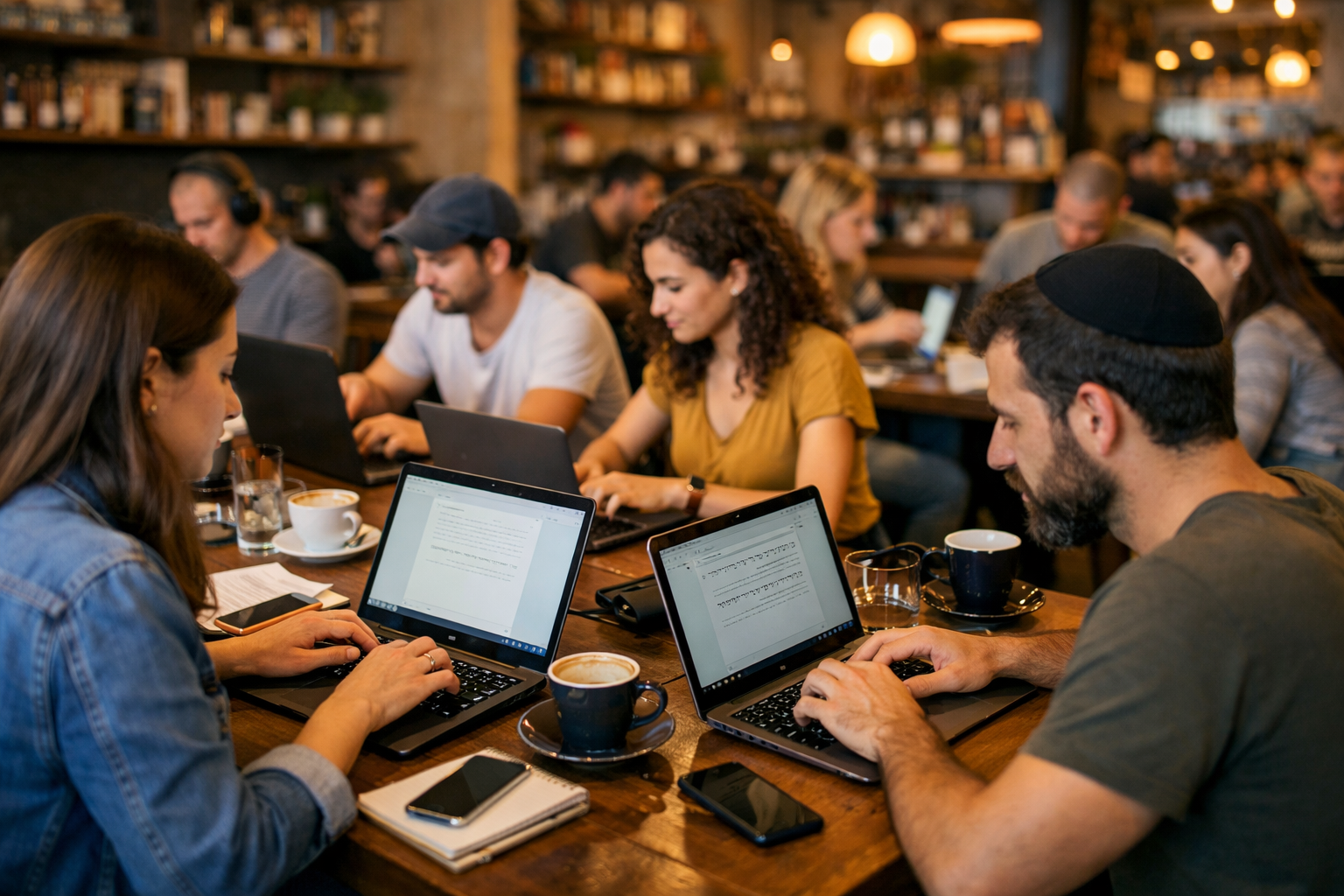 Israeli bloggers in café typing Hebrew guest posts.