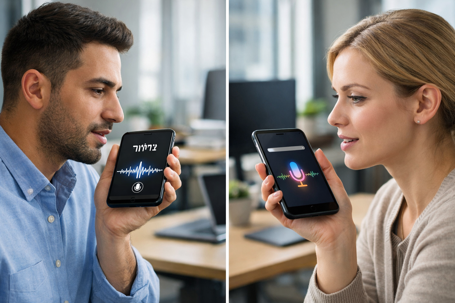 Two people using voice search with Hebrew and English interfaces.