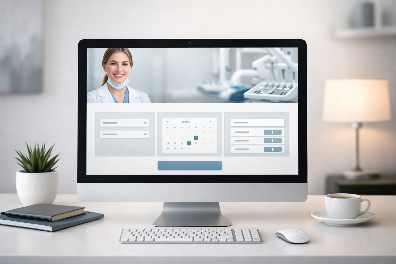 Office with computer screen showing dental homepage and booking system.