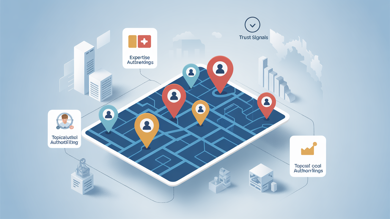 Map with highlighted local businesses and expertise indicators.