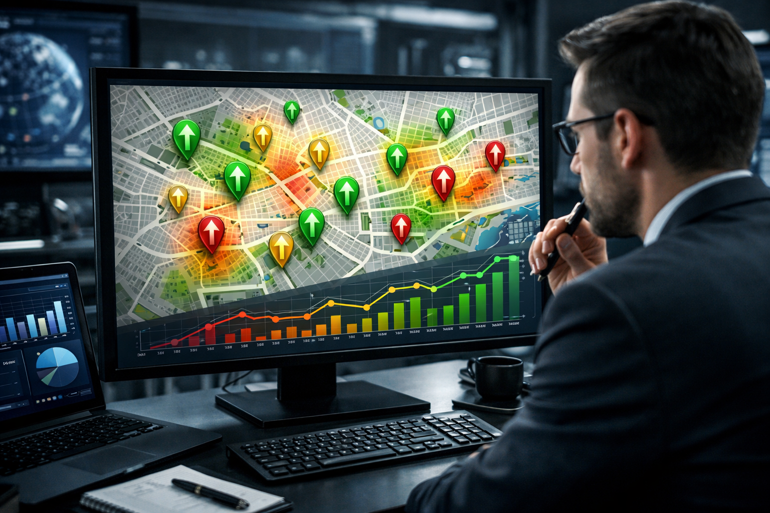 Analyst viewing SEO rankings on a digital map in a high-tech office.