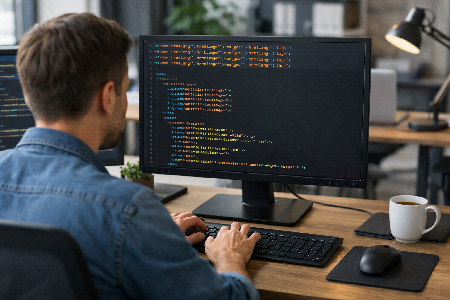 Developer adding hreflang tags in HTML for Hebrew content.