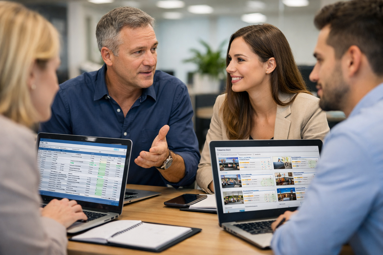 Office scene with professionals discussing citation sources on laptops.