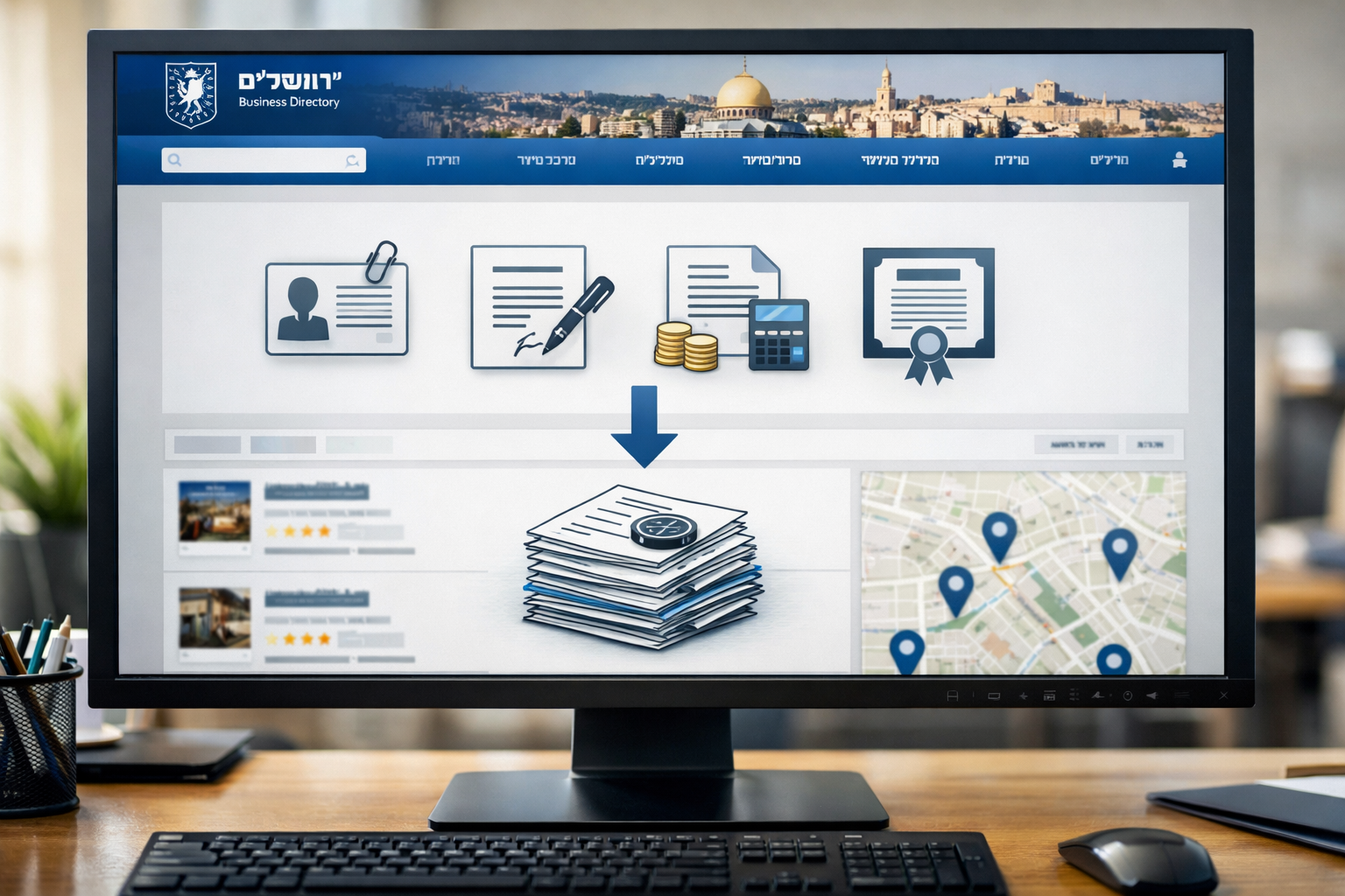 Computer screen showing Jerusalem Municipality Business Directory in Hebrew.