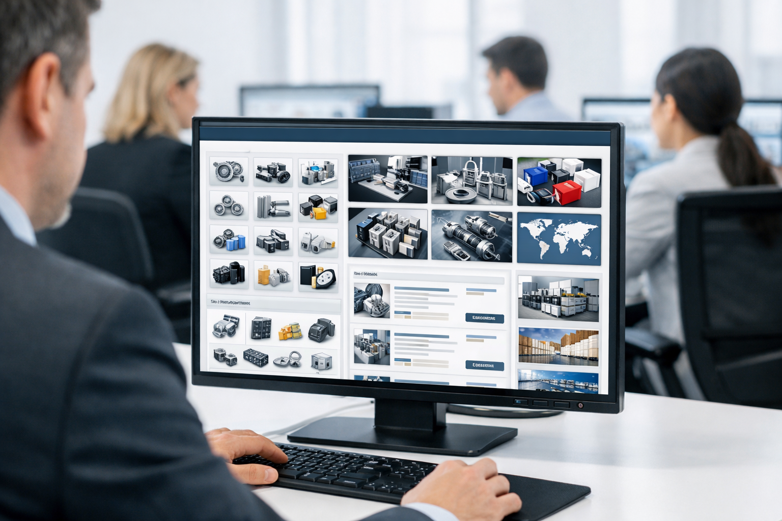 Professionals accessing industrial directories on computers.