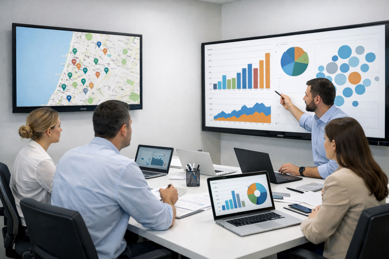 Office with team analyzing data charts and maps for Netanya businesses.