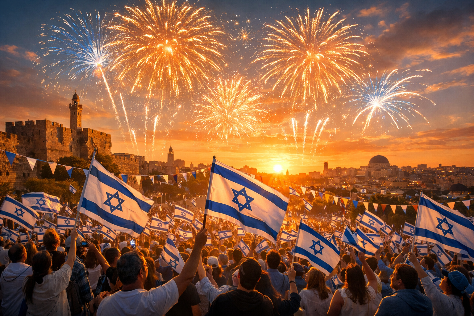 Independence Day celebration in Israel with flags and fireworks.