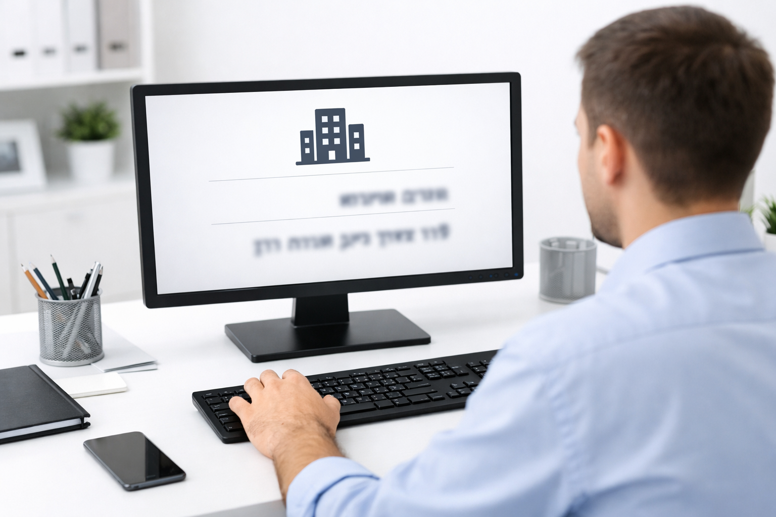 Person verifies business info with Hebrew text on a computer screen.