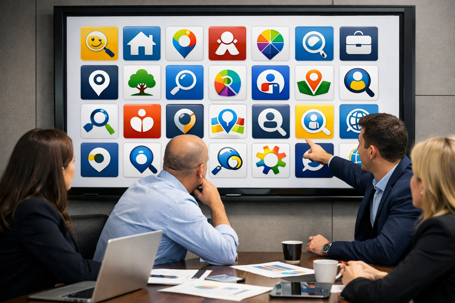 Team reviewing Israeli business directories on a large screen.