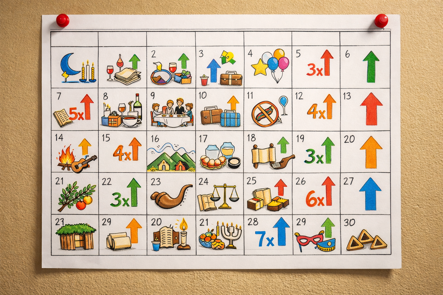 Calendar with marked Jewish holidays and notes on a wall.