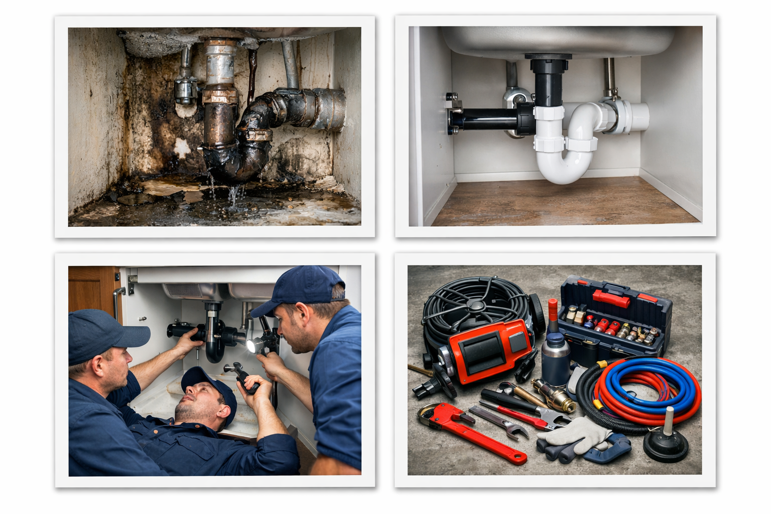 Collage of plumber job site photos, including repairs and equipment.