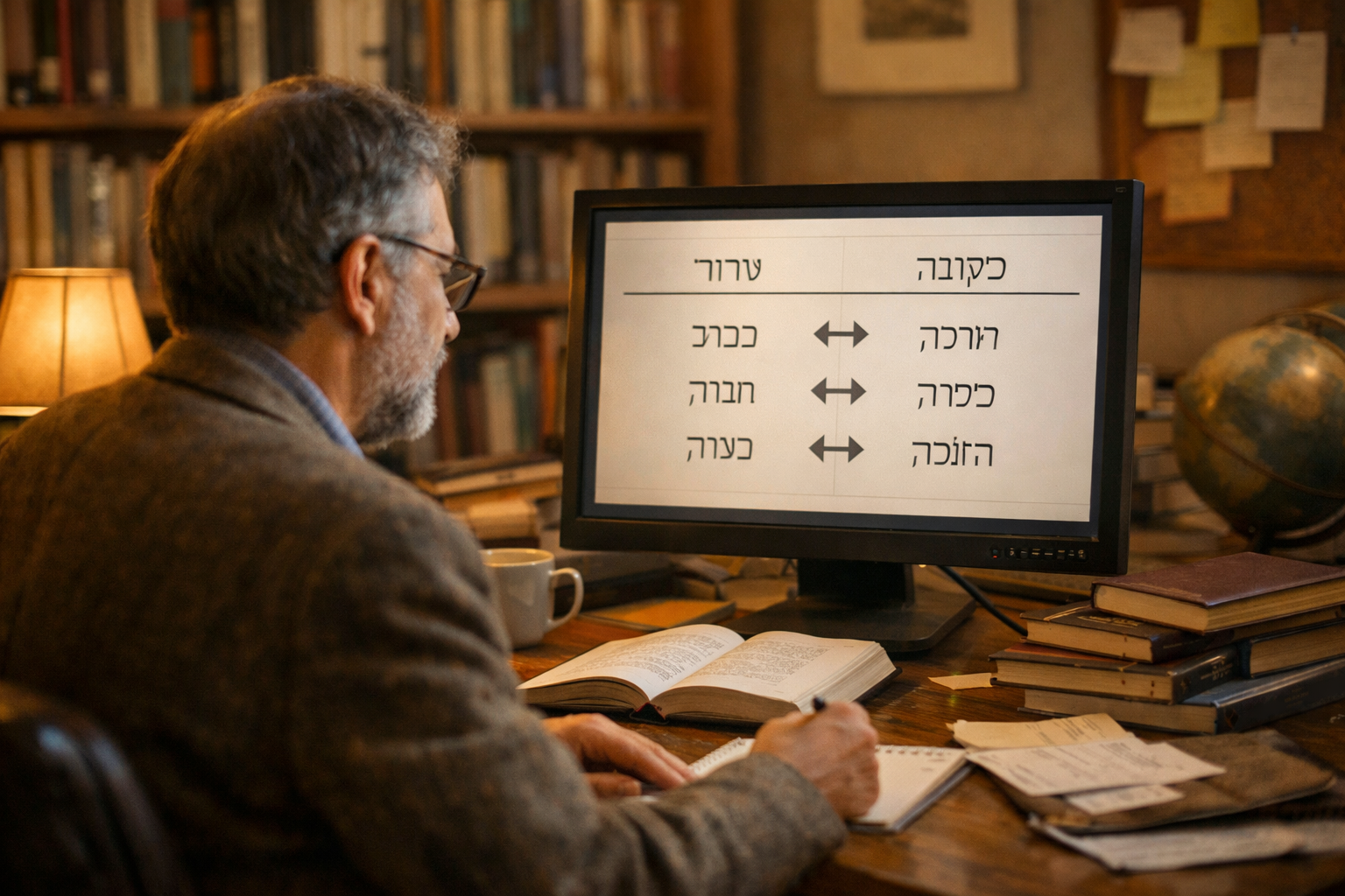 Linguist analyzing Hebrew keywords in a cozy office with books.