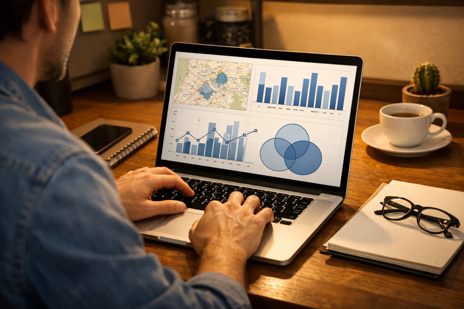 Marketer crafting keyword strategies on a laptop in a digital workspace.