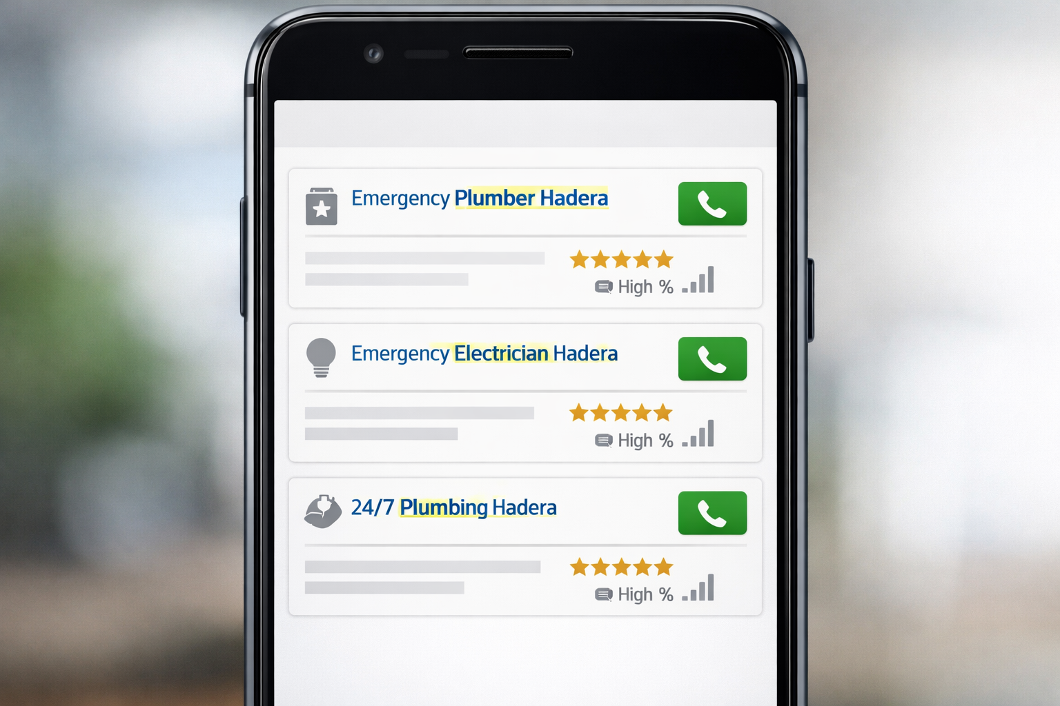 Smartphone showing emergency service search results in Hadera.