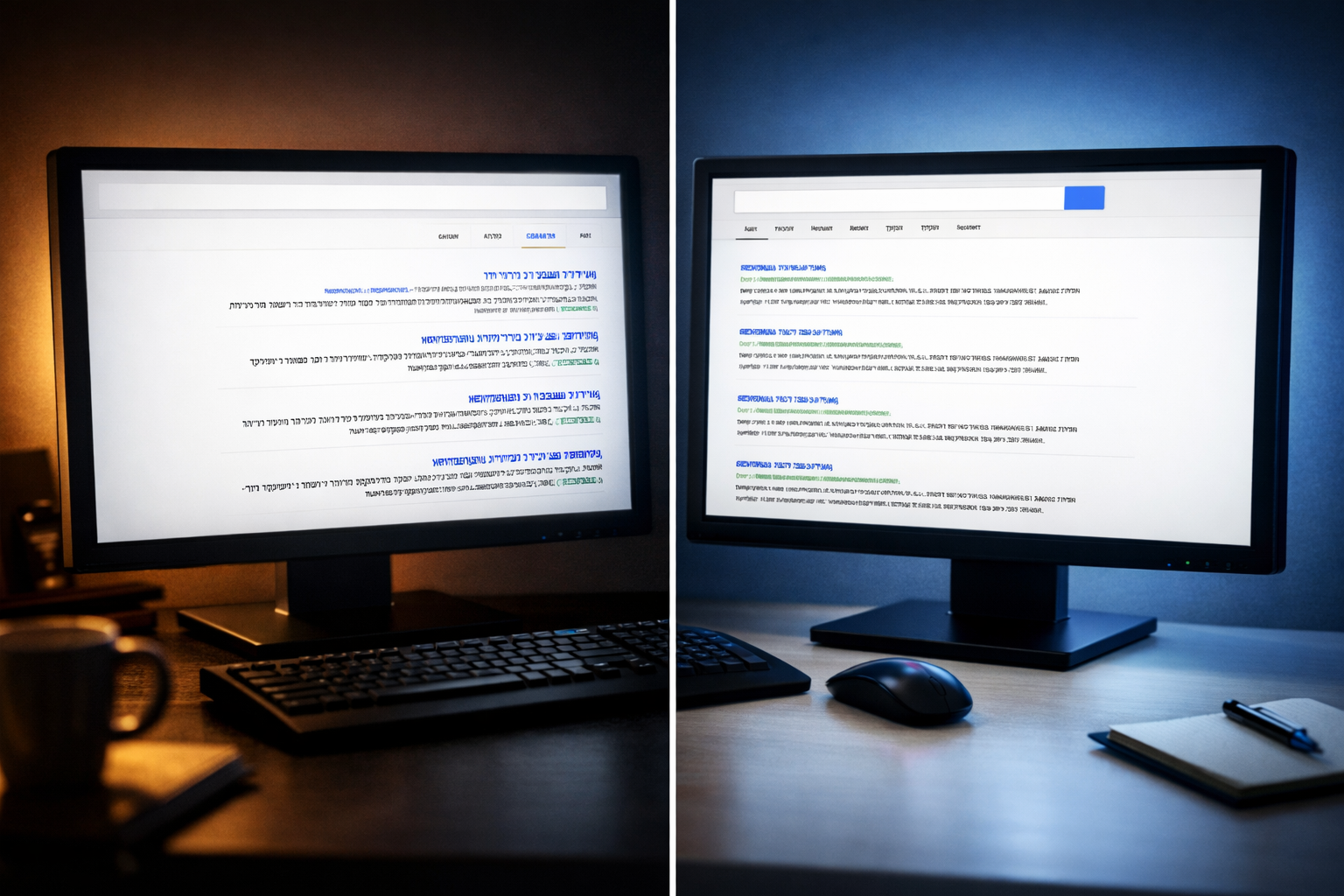 Monitors with Hebrew and English search results side by side.
