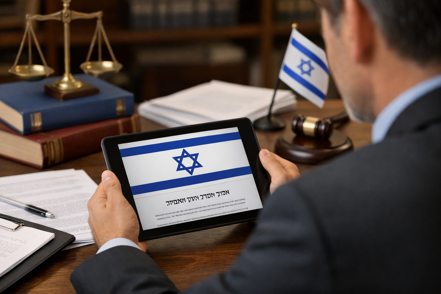 Legal advisor reviewing Israeli Consumer Protection Law in an office.