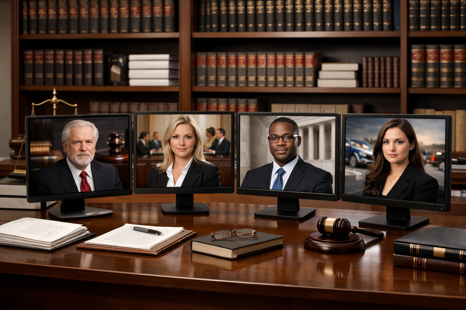 Law firm office with attorney profiles on screens and legal books.