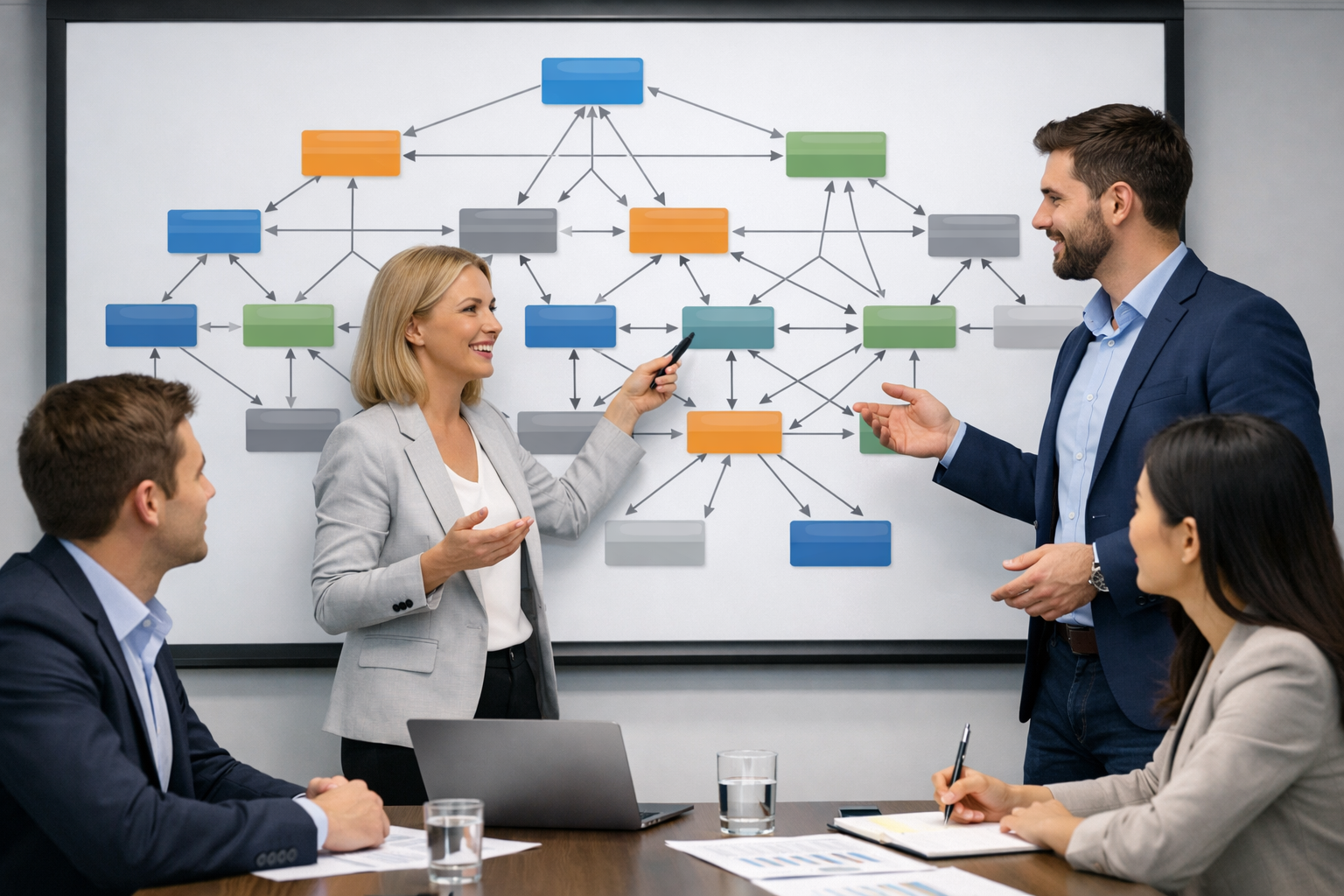 Professionals discussing internal linking patterns on a digital whiteboard.