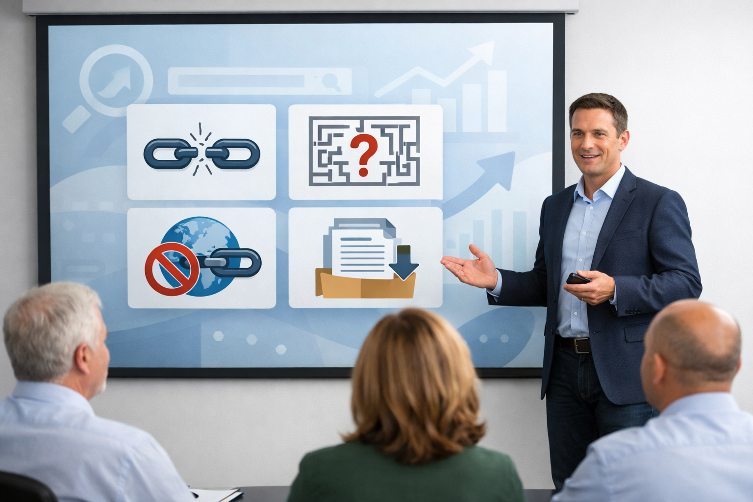 Consultant explaining internal linking mistakes to business owners.