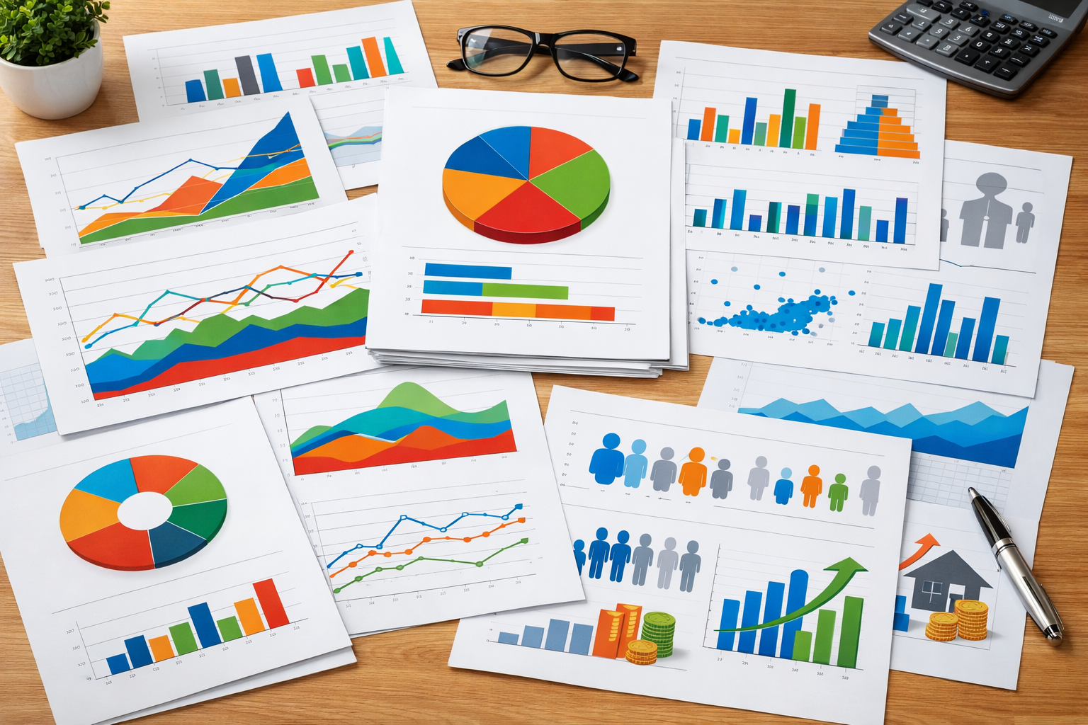 Desk with reports on demographics and economic data, well-lit.