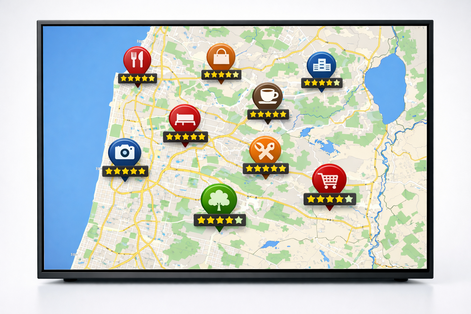 Google Map of Israeli businesses with ratings displayed on a screen.