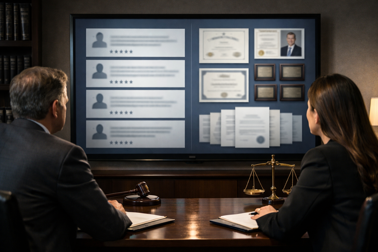Attorneys reviewing client testimonials on a screen.