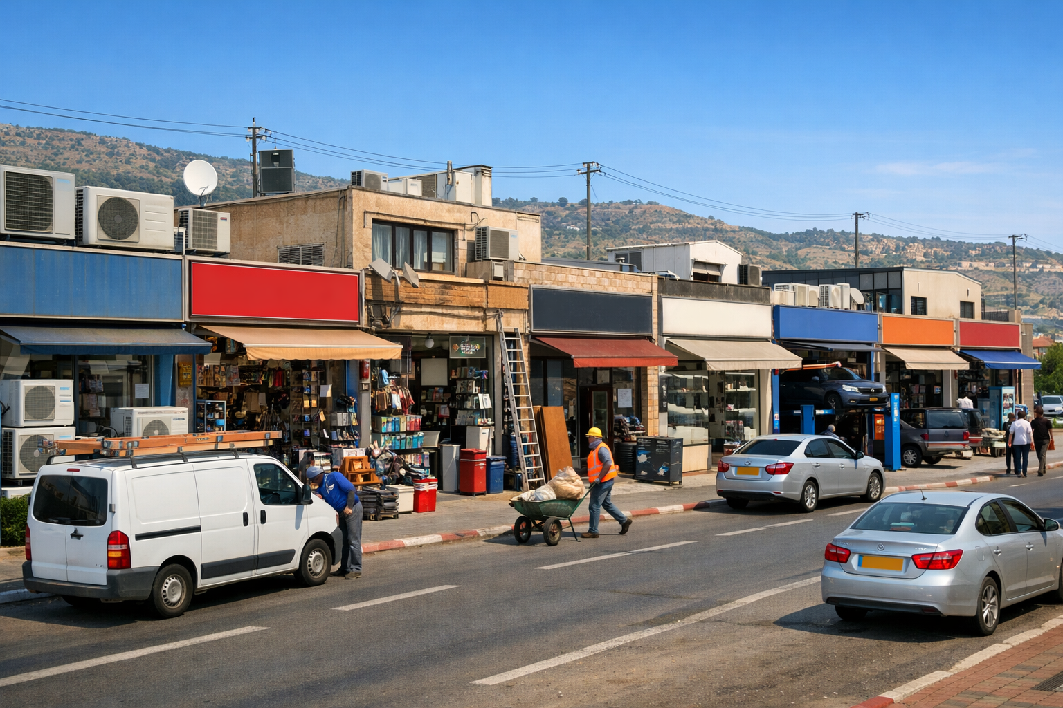 Karmiel street with industrial and home service storefronts.