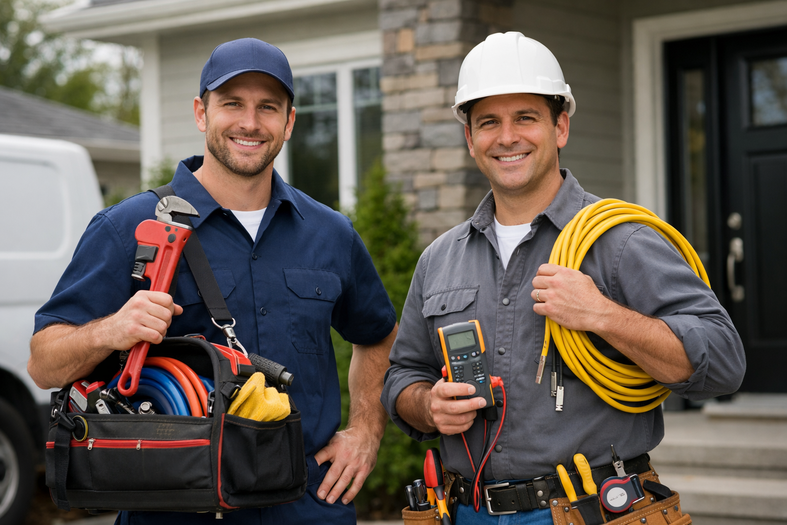 Plumber and electrician outside a house with tools.
