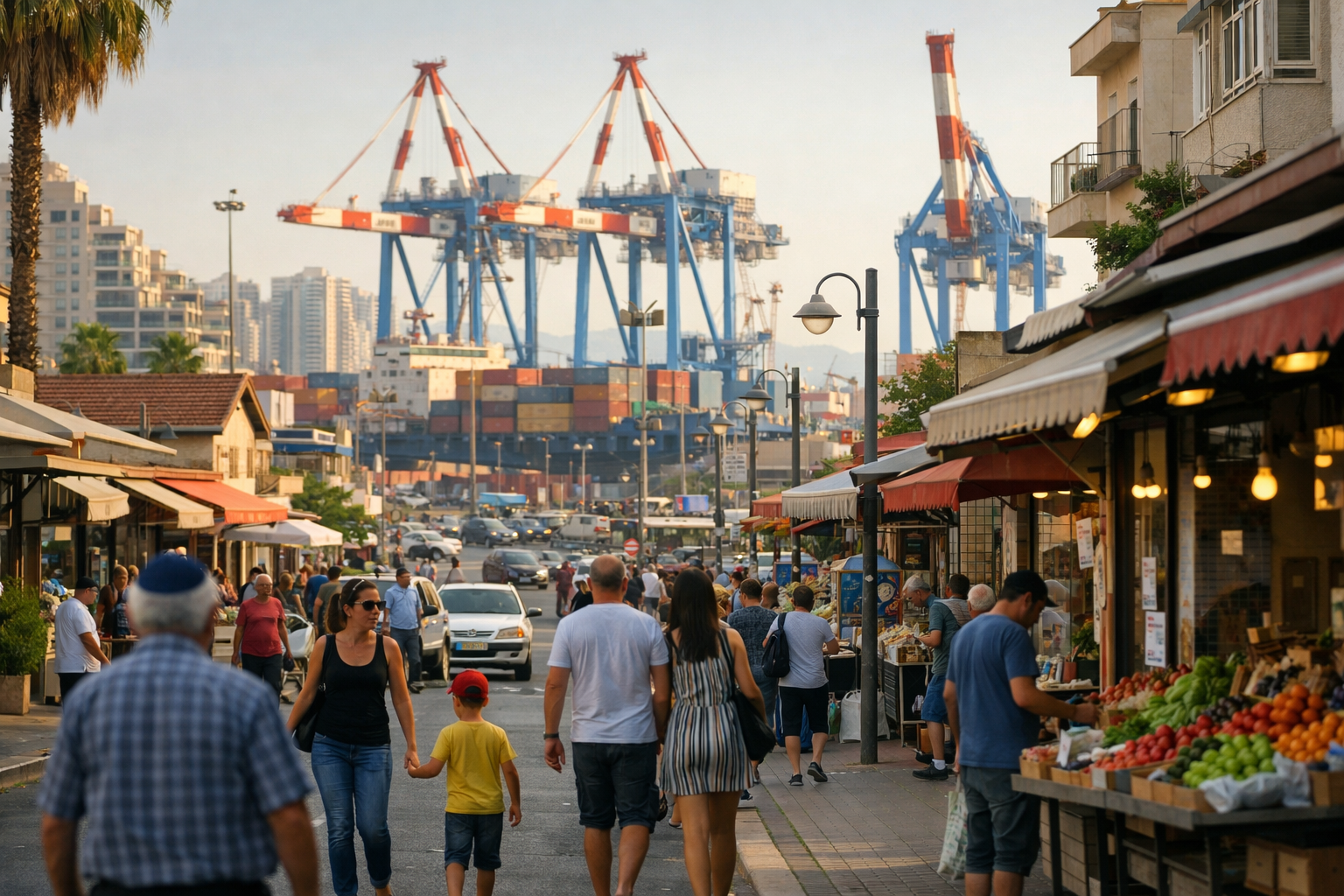 Ashdod street with shops, people, port cranes in the background.