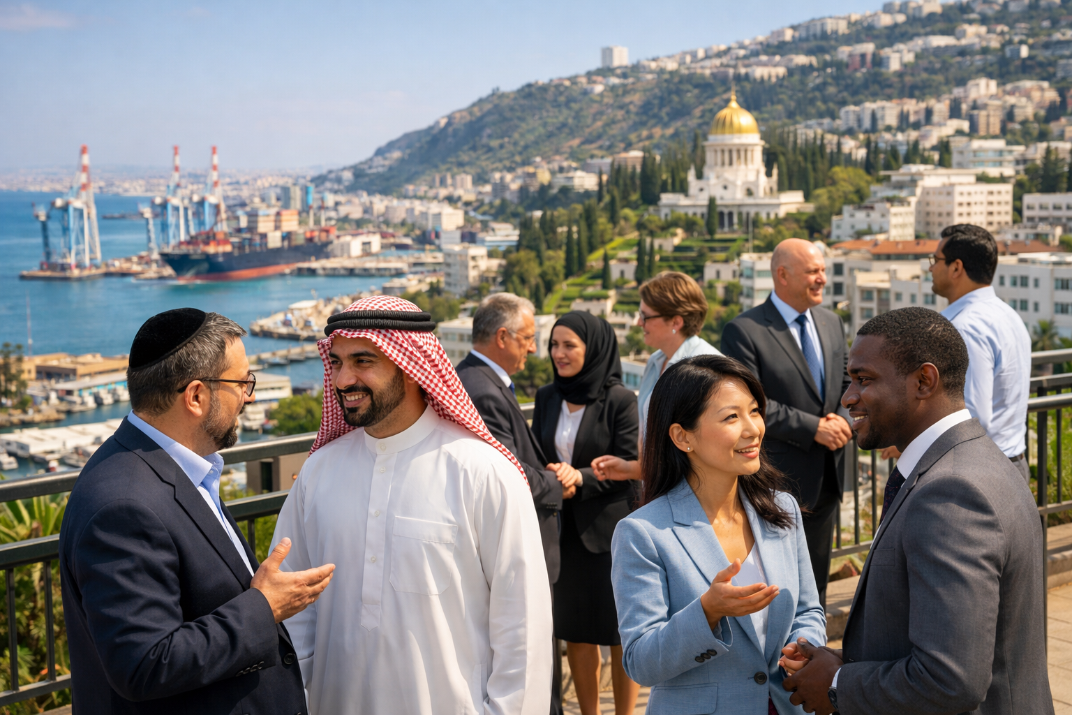 Multilingual business interactions in Haifa showcasing diverse communication.