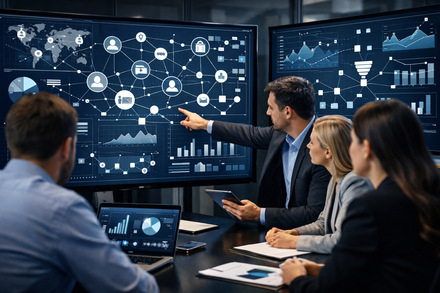 Office team analyzing digital business data interfaces.