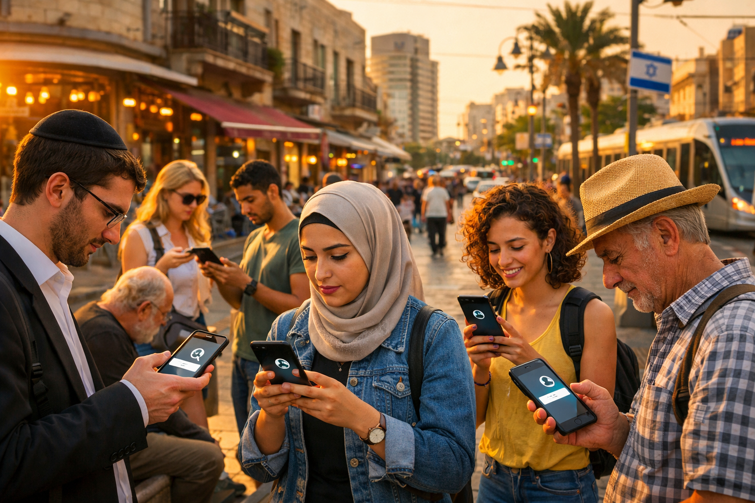 People in Israel using phones with Hebrew and English signs visible.