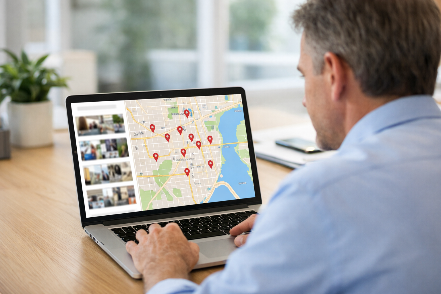 Business owner viewing Google Maps search results on laptop.