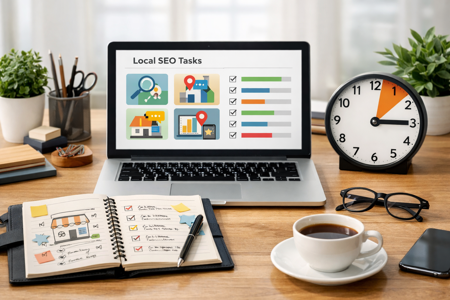 Desk with laptop showing local SEO tasks and planner with notes.