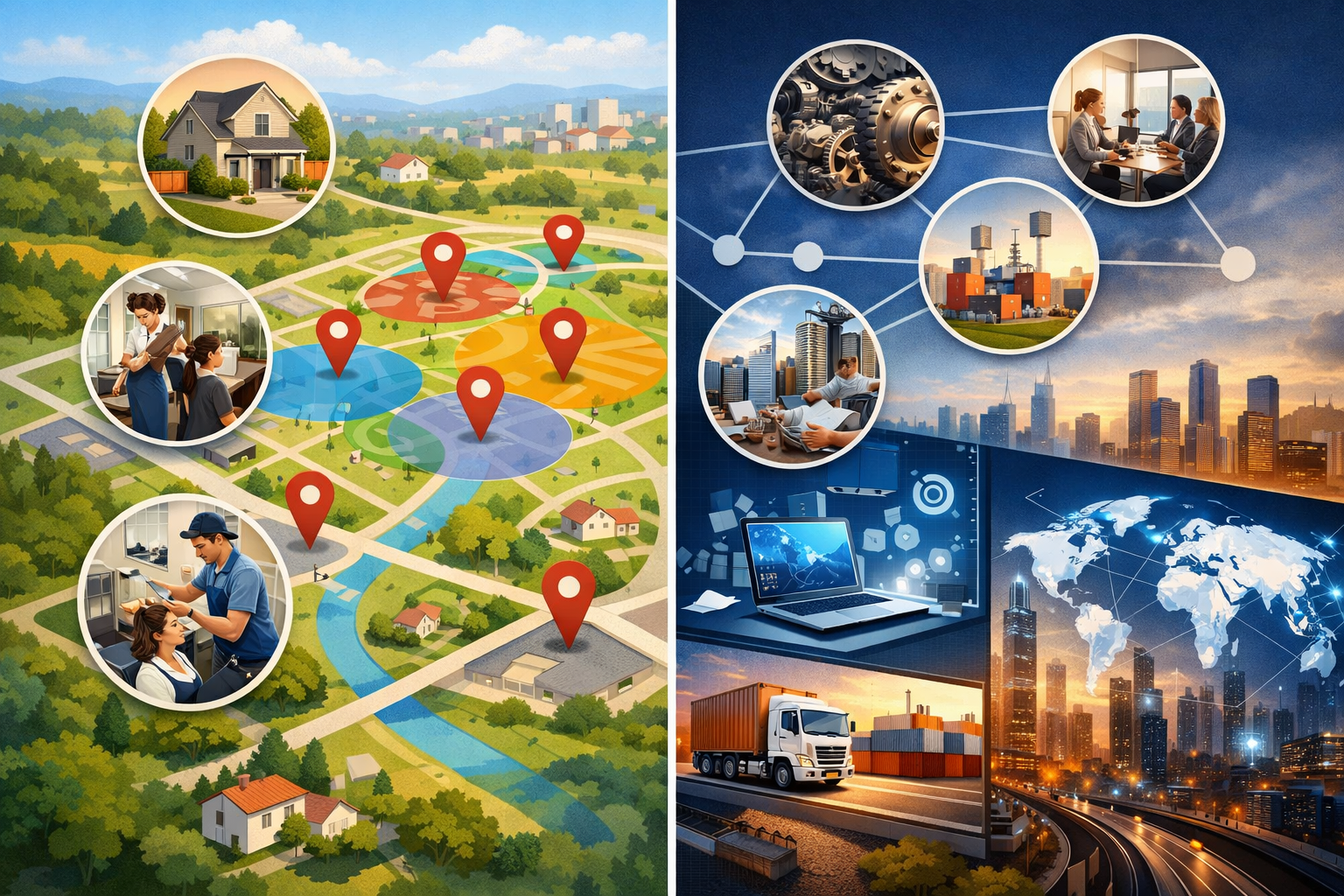 Split view comparing local content clustering and B2B strategy.