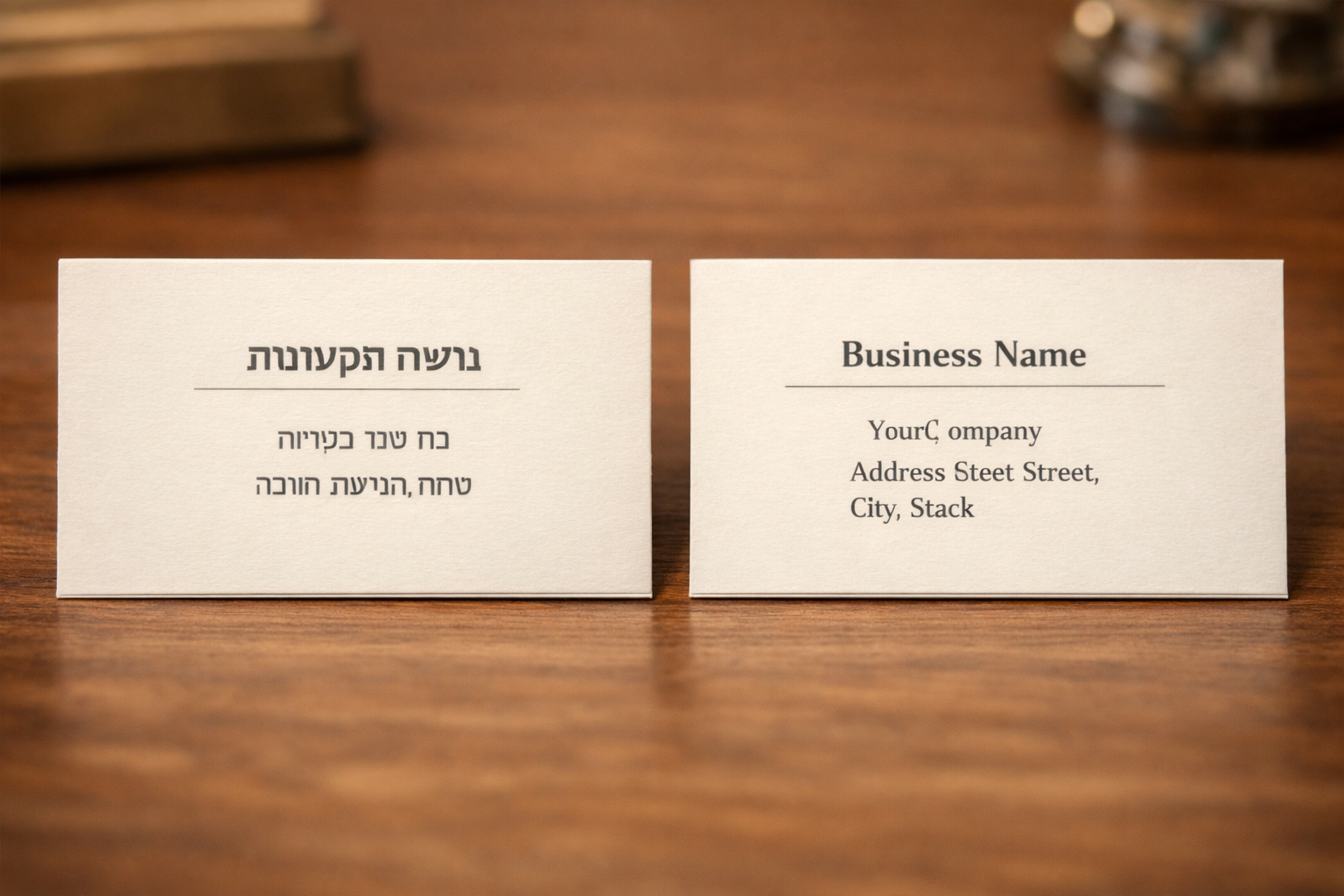 Hebrew and English documents with business name and address side by side.
