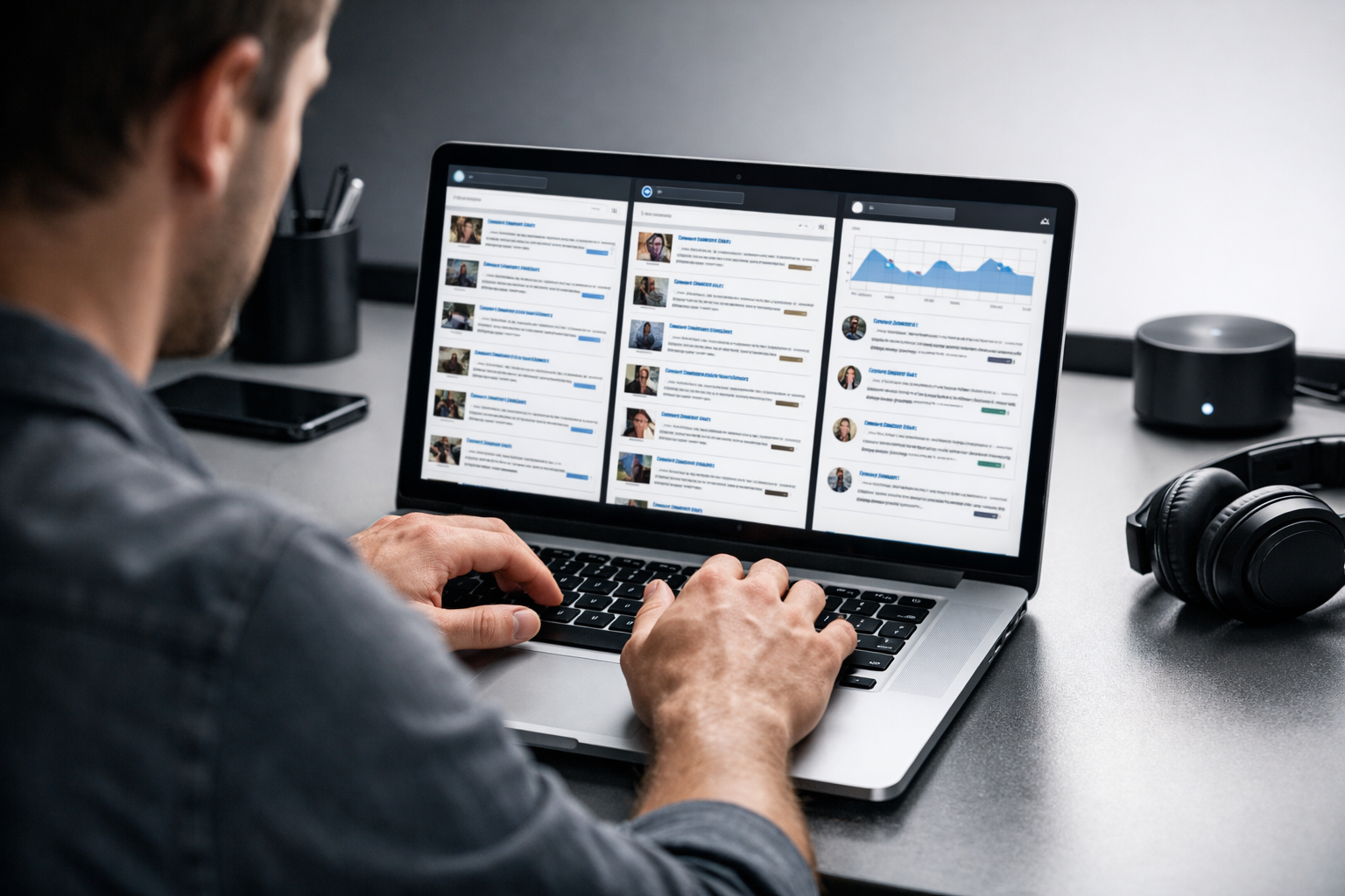 Person typing business queries on a laptop, testing AI systems.