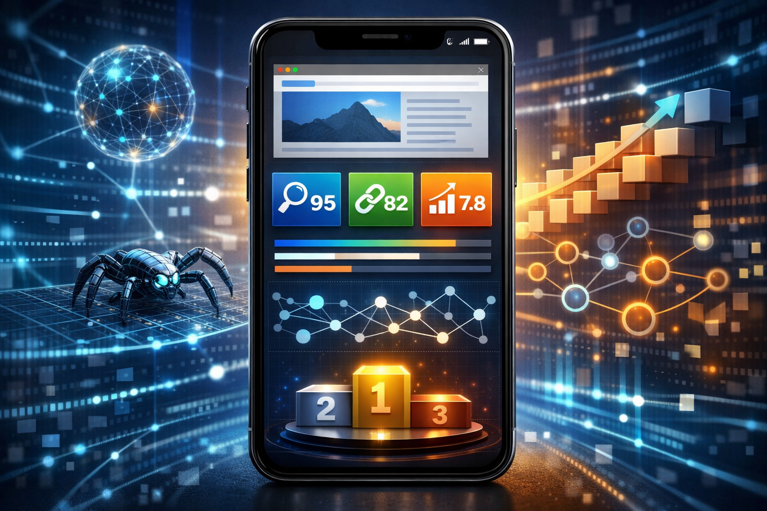 Mobile phone screen showing website indexing metrics.