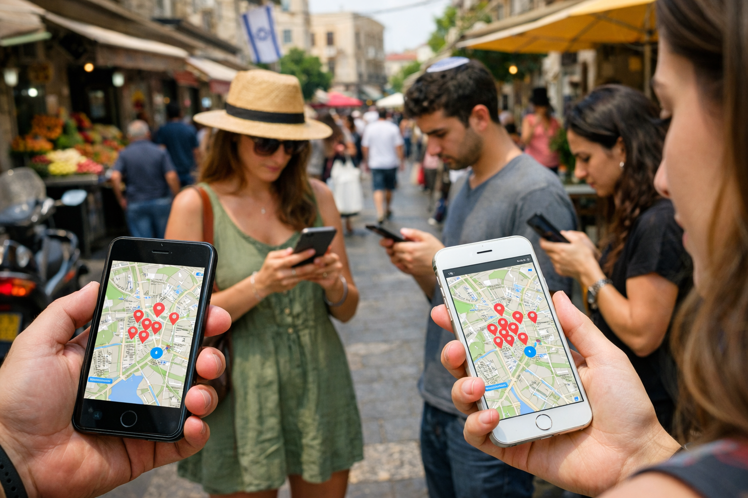 People on phones in Israel searching for local businesses.