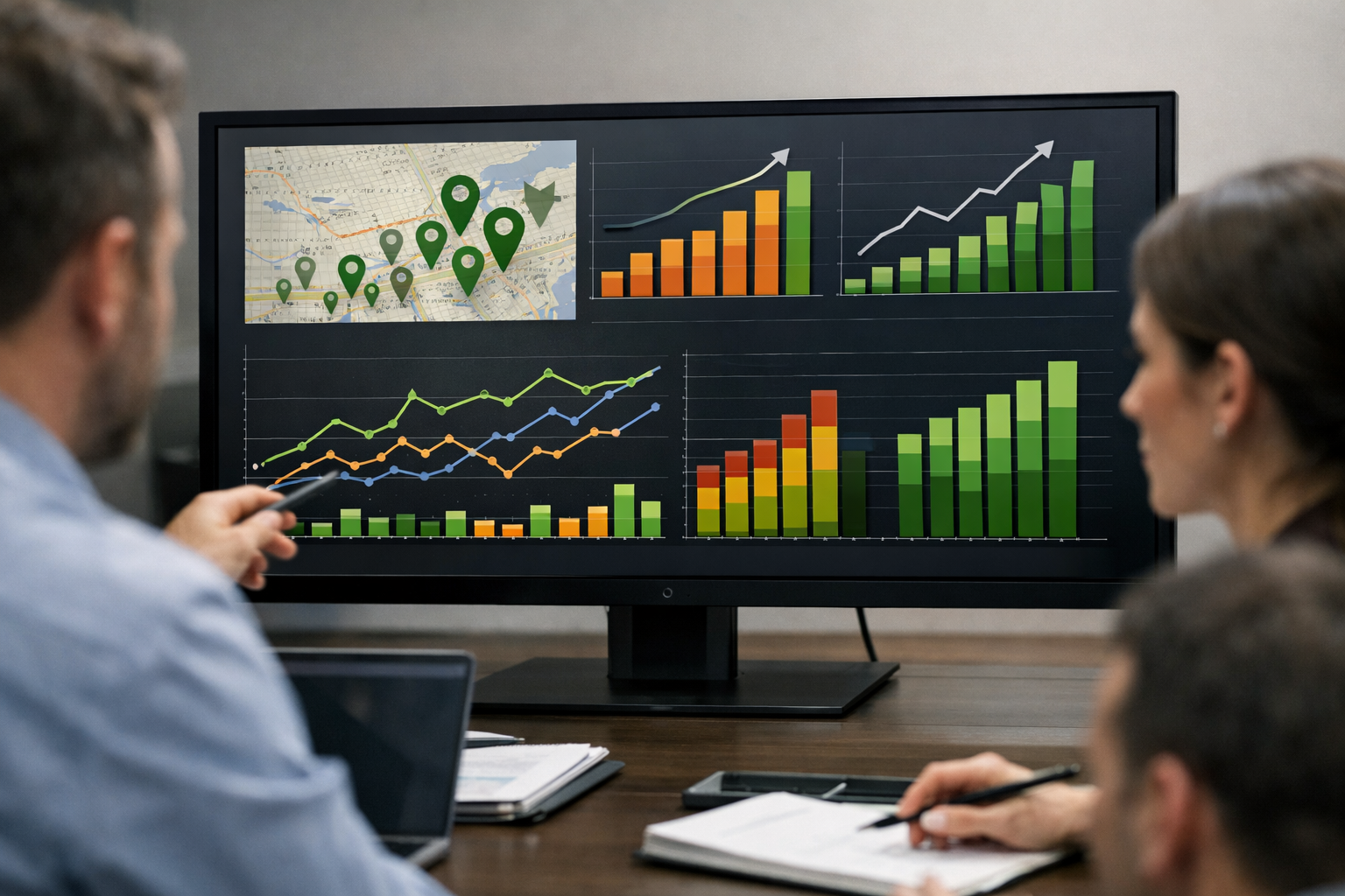 Team analyzing SEO stats on monitor showing map pack improvement data.