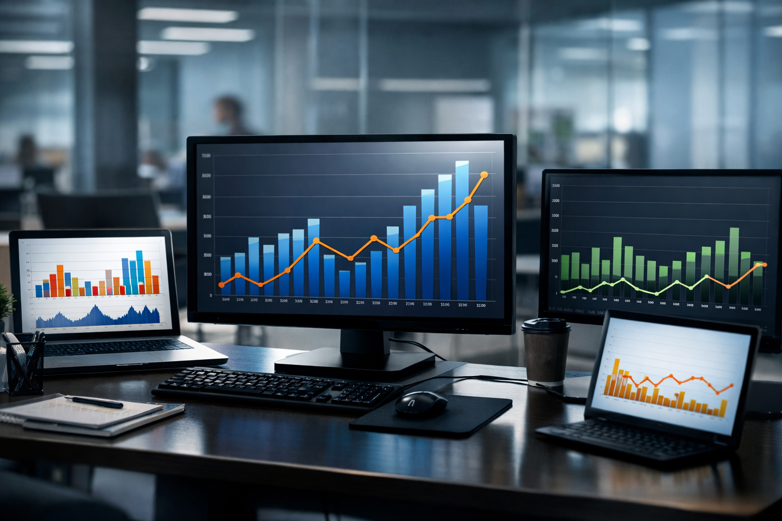 Office with screens showing search volume stats for industries in Israel.