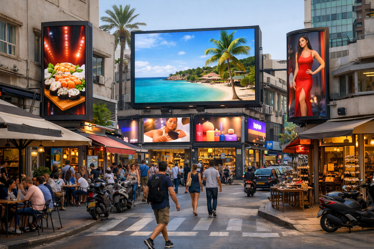 Busy Tel Aviv street with businesses and digital advertisements.